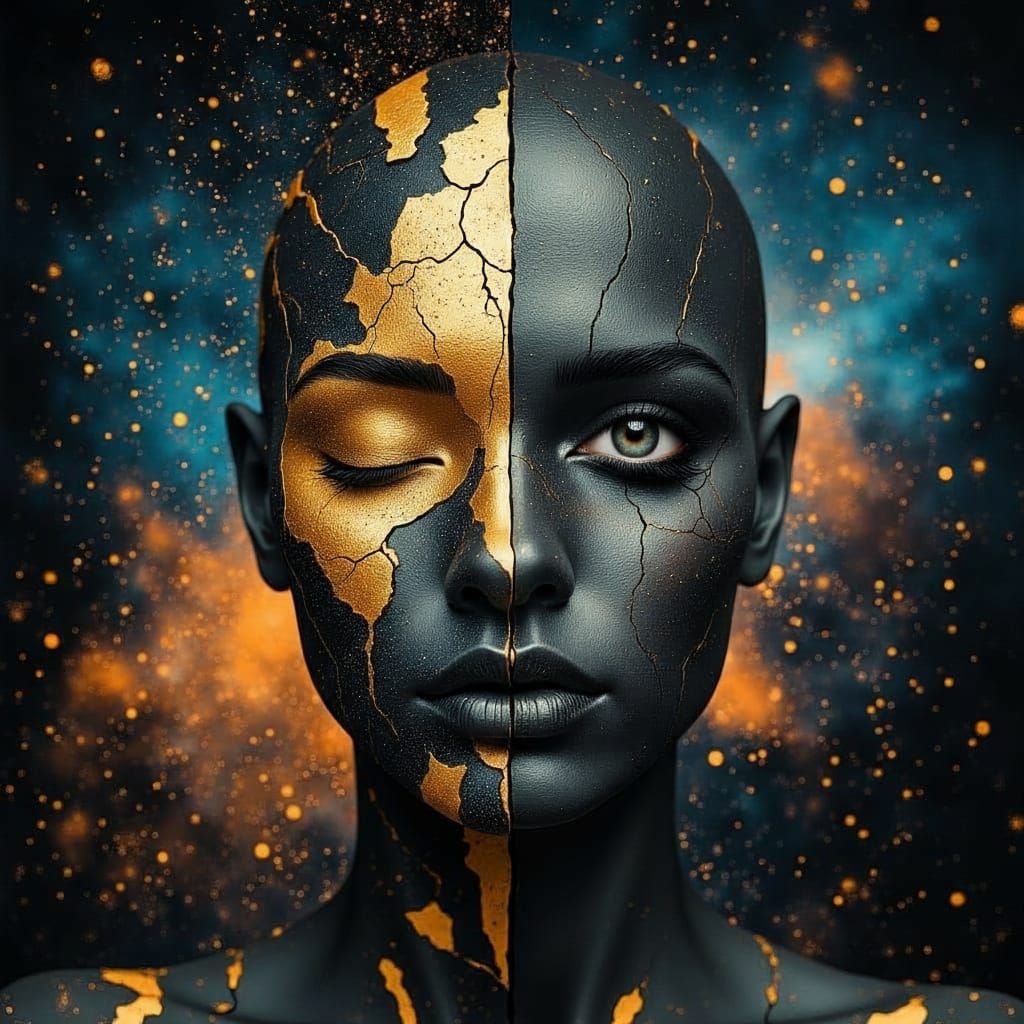 Split Face Portrait With Stellar Nebula Background