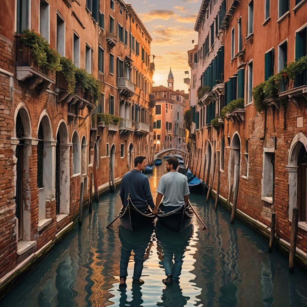 Gay Couple in Venice Gondola at Sunset