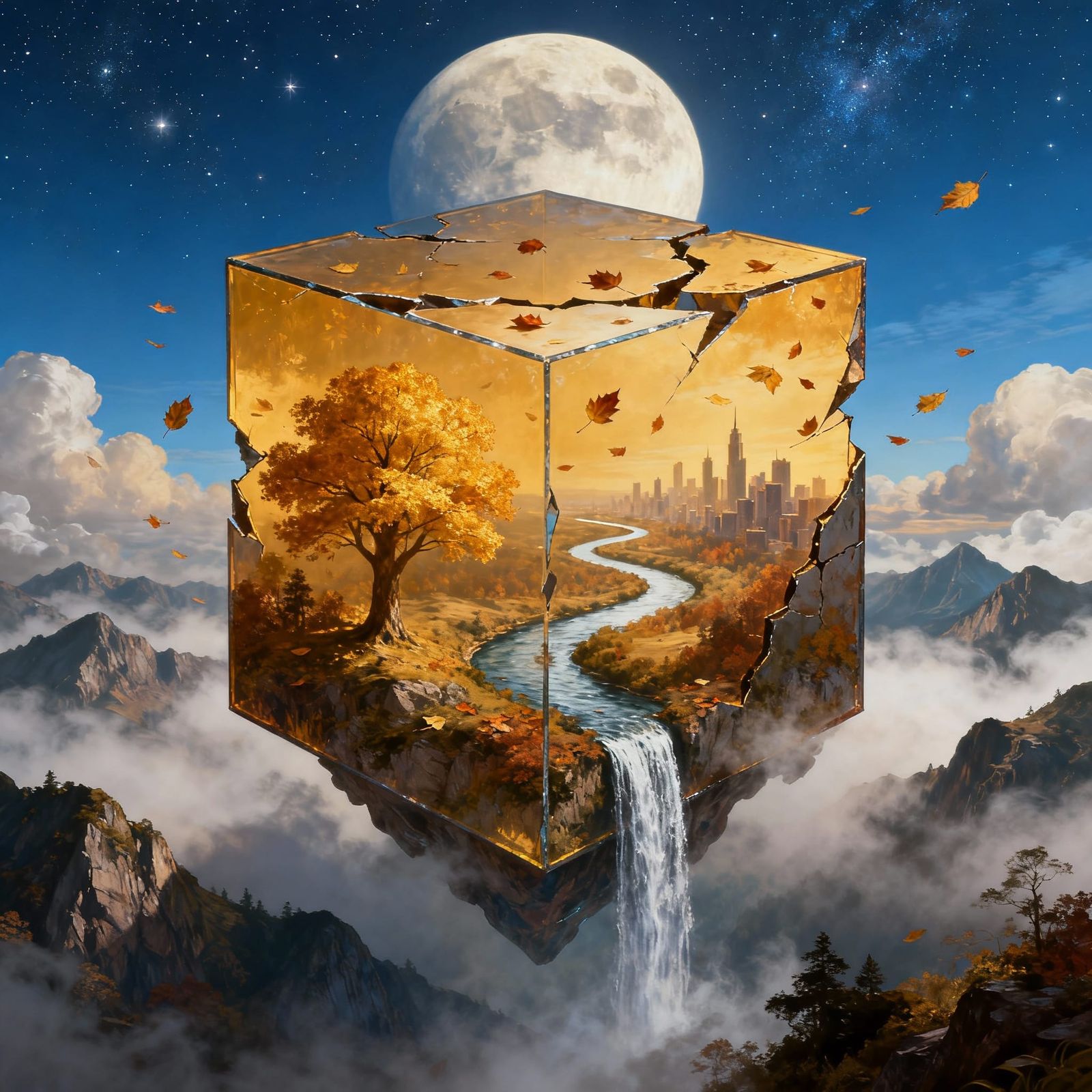 Surreal Autumn Cube Frames Cityscape in Ethereal Digital Art