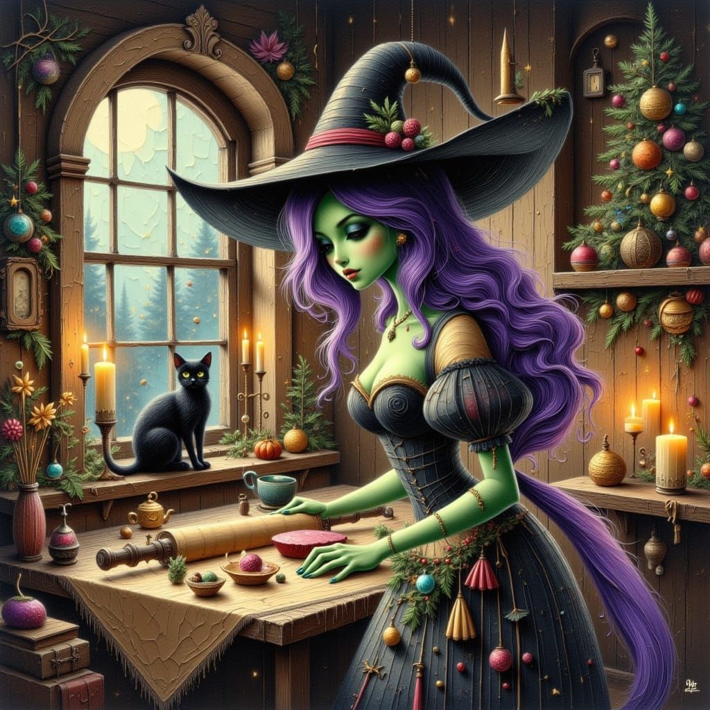 Beautiful Witch Baking in a Cozy Christmas Cottage