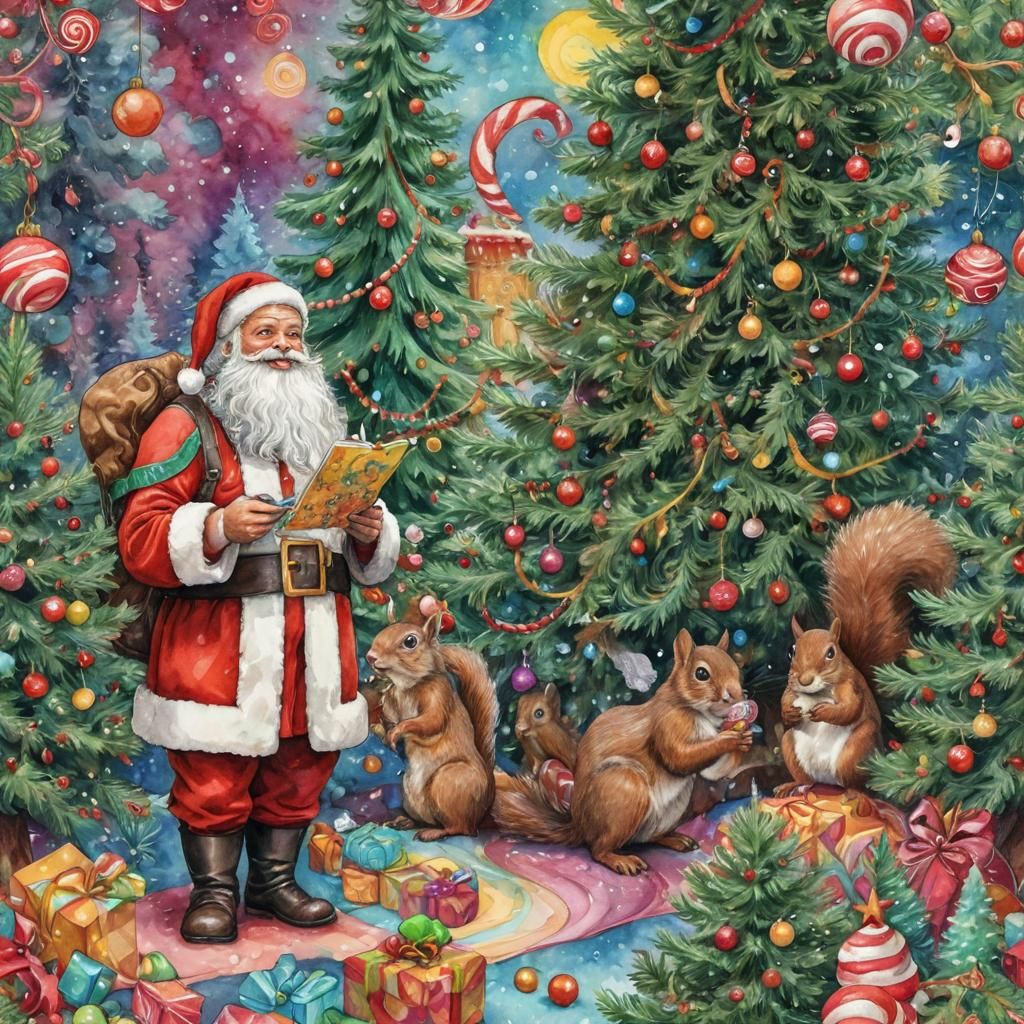 Santa Feeding Squirrels: Watercolor Abstract Christmas Scene