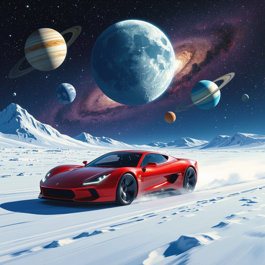 Red Sports Car Races on Snowy Moon