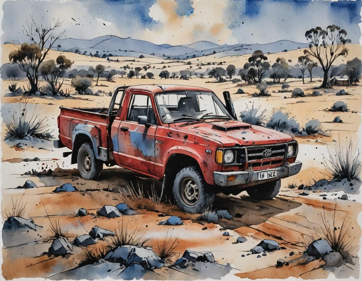 Australian Ute in Watercolor, Quentin Blake Style