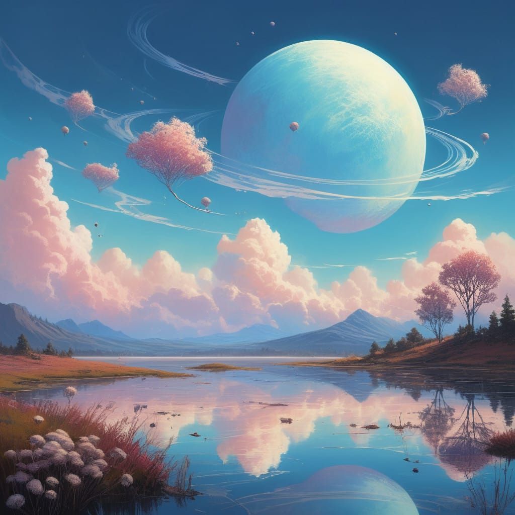 Ethereal Paradise with Iridescent Blooms and Feathery Floral...