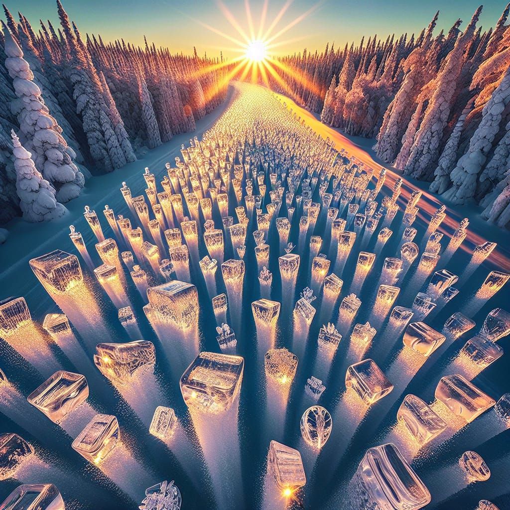 Ice Cubes Race Through Winter Forest at Sunset