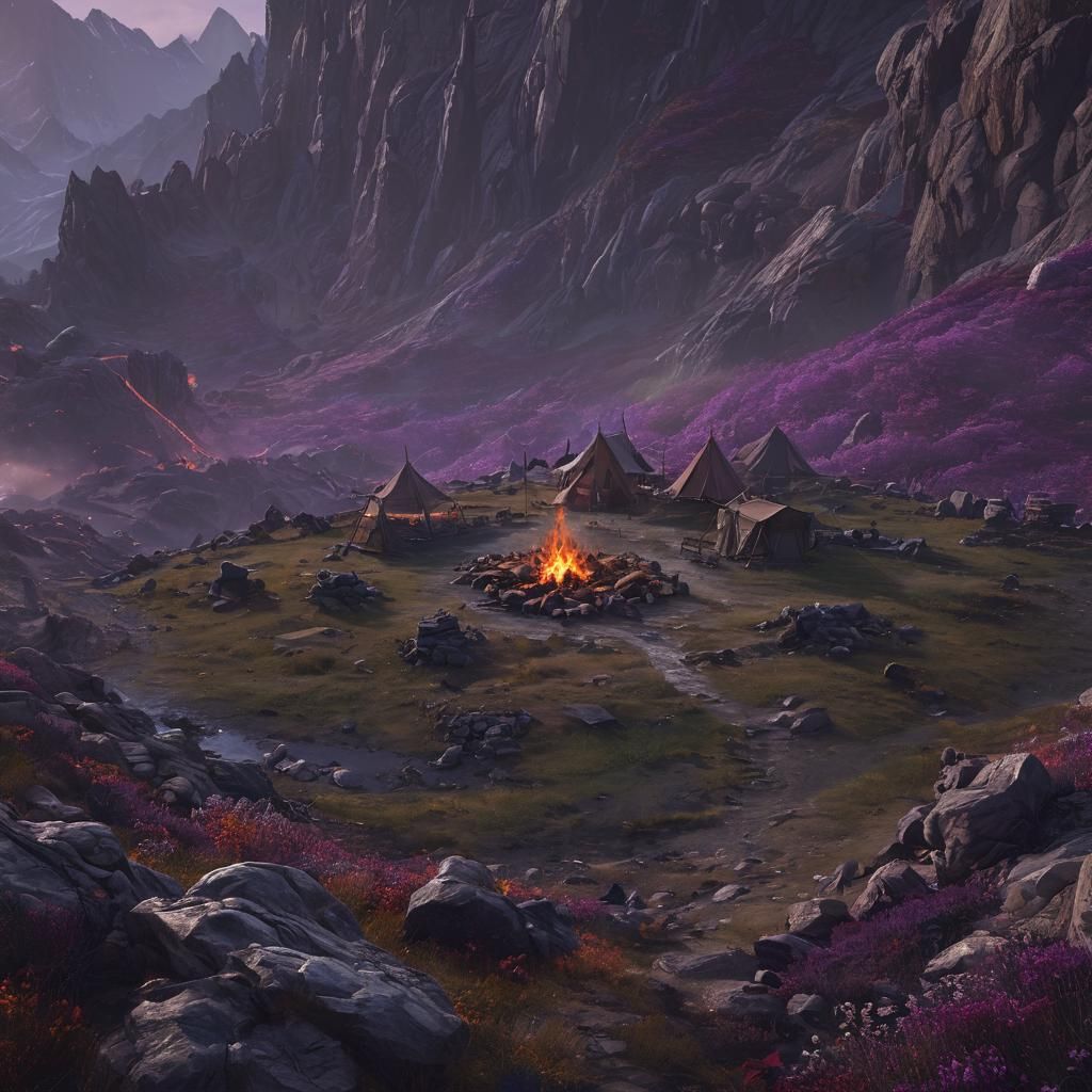 High Fantasy Mountain Encampment in Dark Concept Art