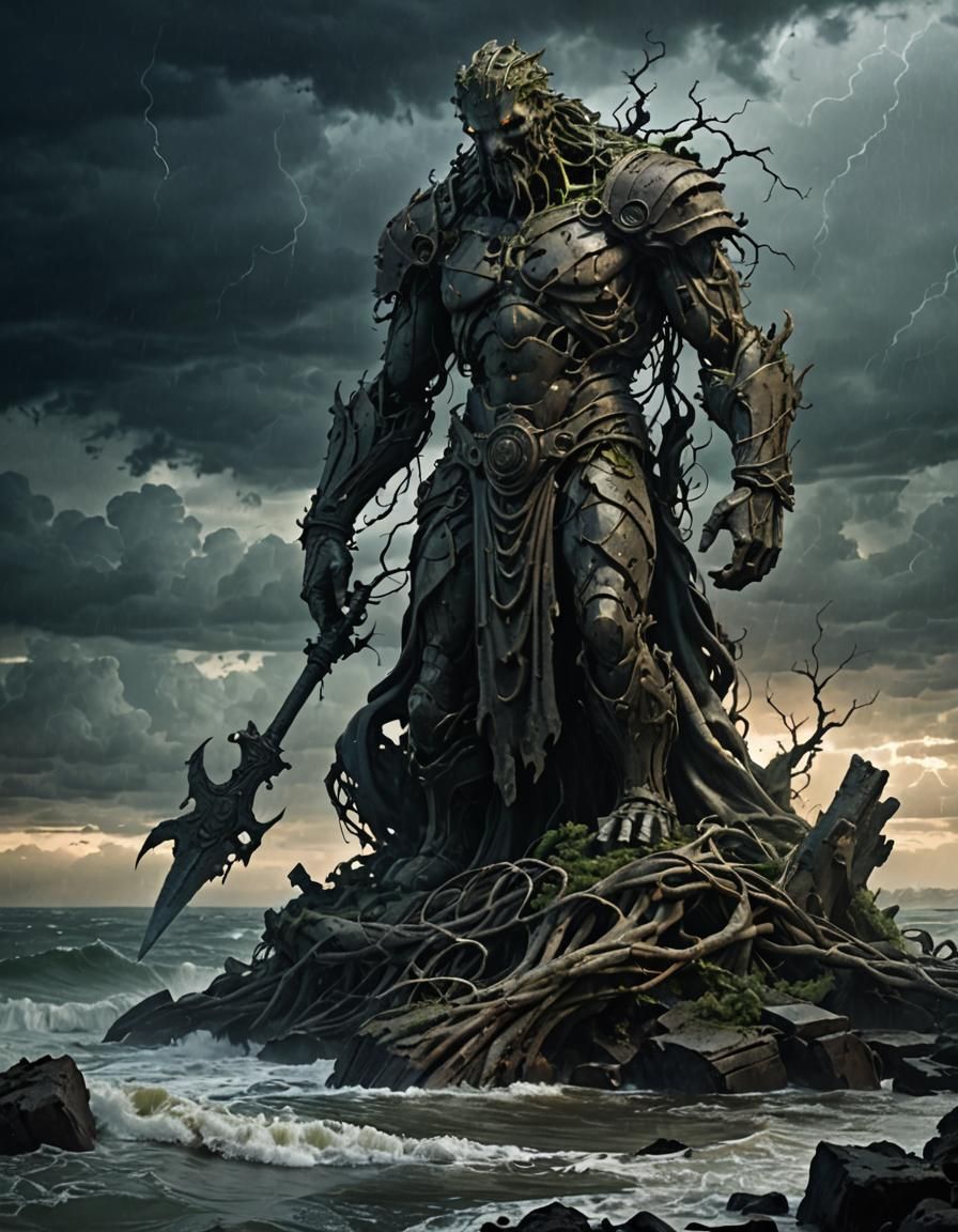 Decaying Statue Amid Stormy Ruins: A Surreal Scene