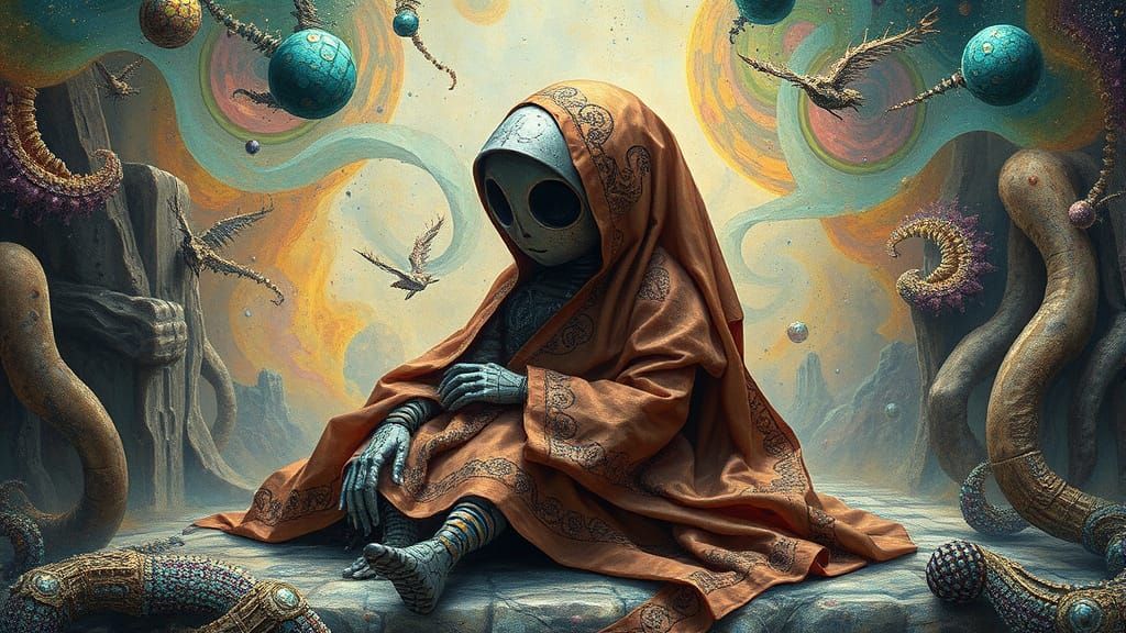 Folkloric Robot in Vibrant, Dreamlike Landscape