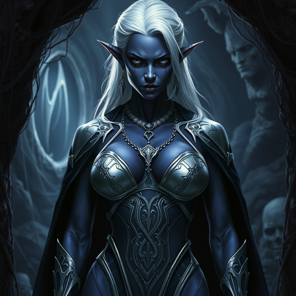 Drow Priestess Portrait in Dark Cave Shrine