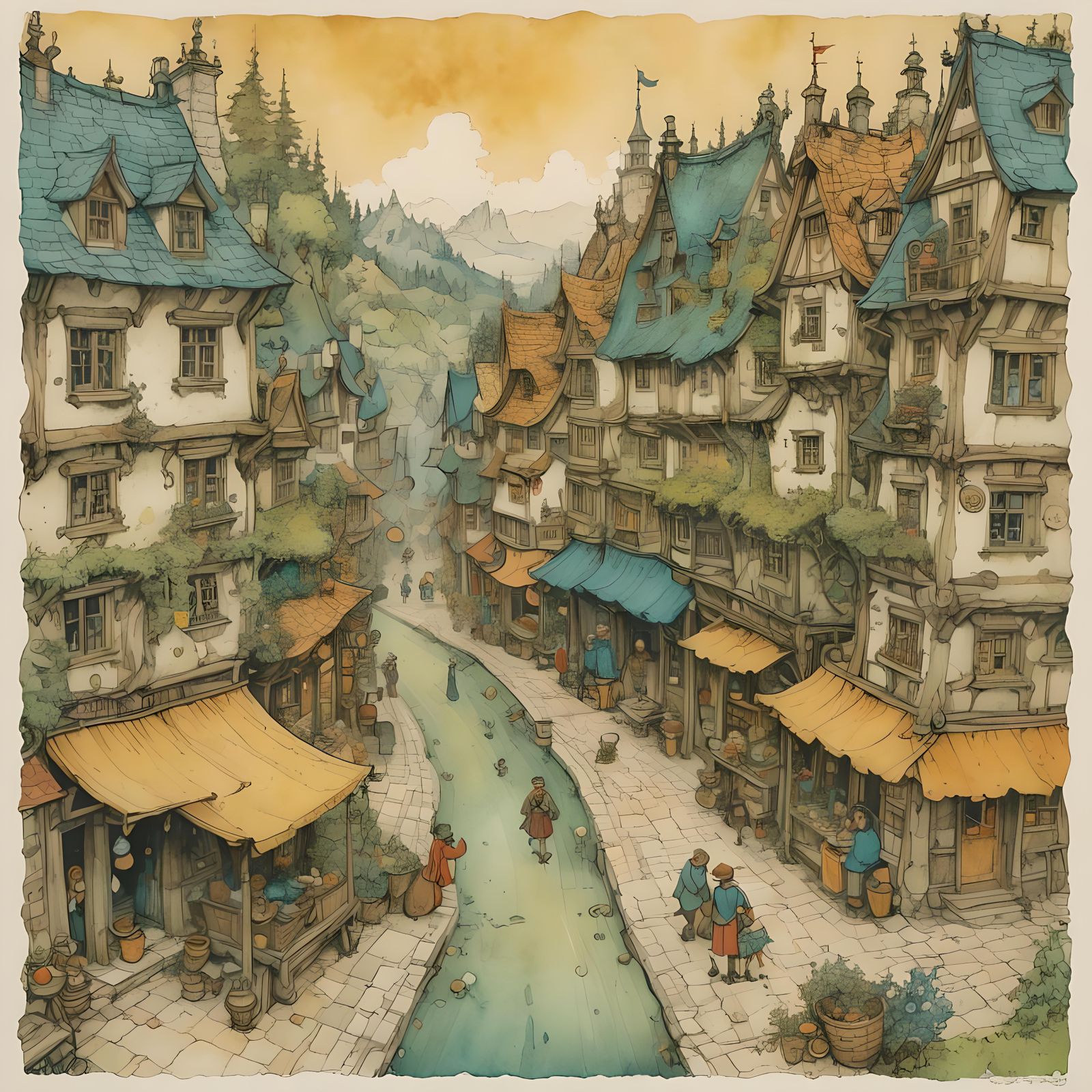 Charming Little Town in Watercolour Style