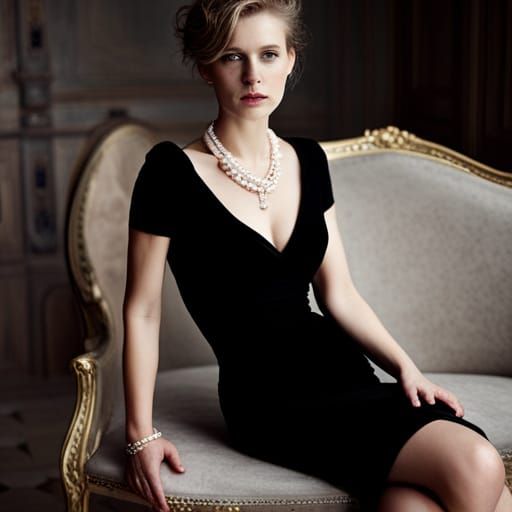 Elegant Woman in Black Dress with Pearl Necklace