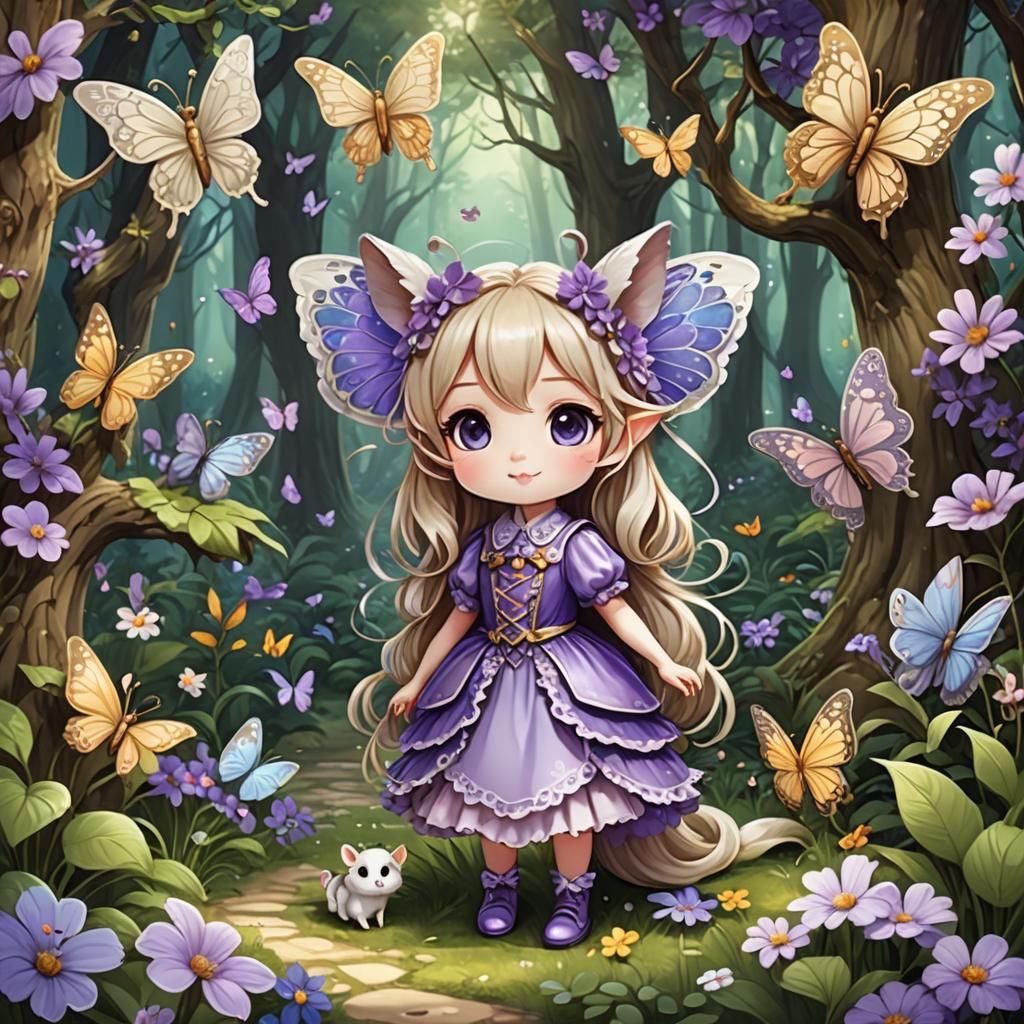 Fairytale Forest with Chibi Mouse, Butterfly, and Fairy