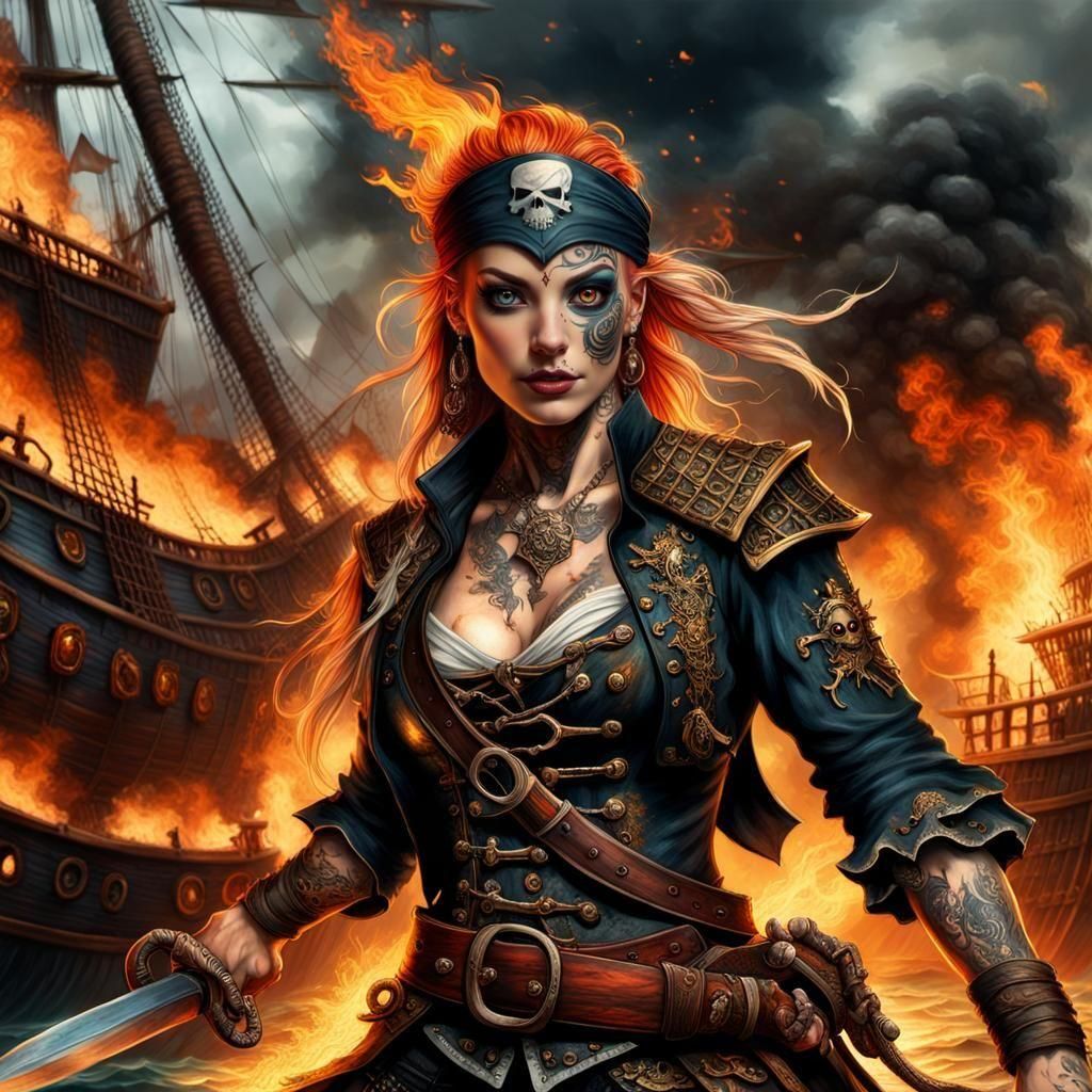 Fierce Pirate in Burning Ship Battle: Grimdark Art