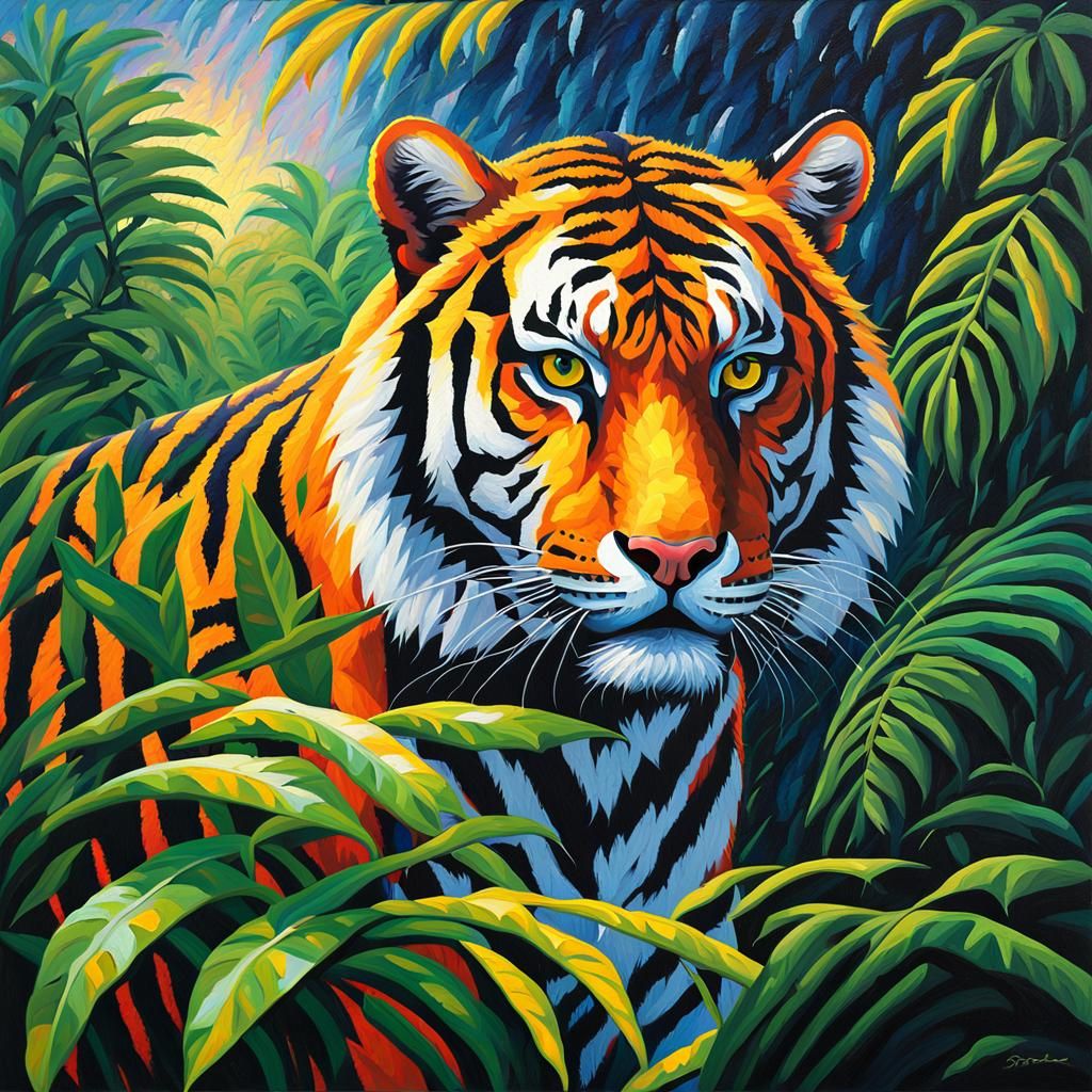 Tiger in Jungle Storm as Pointillist Painting