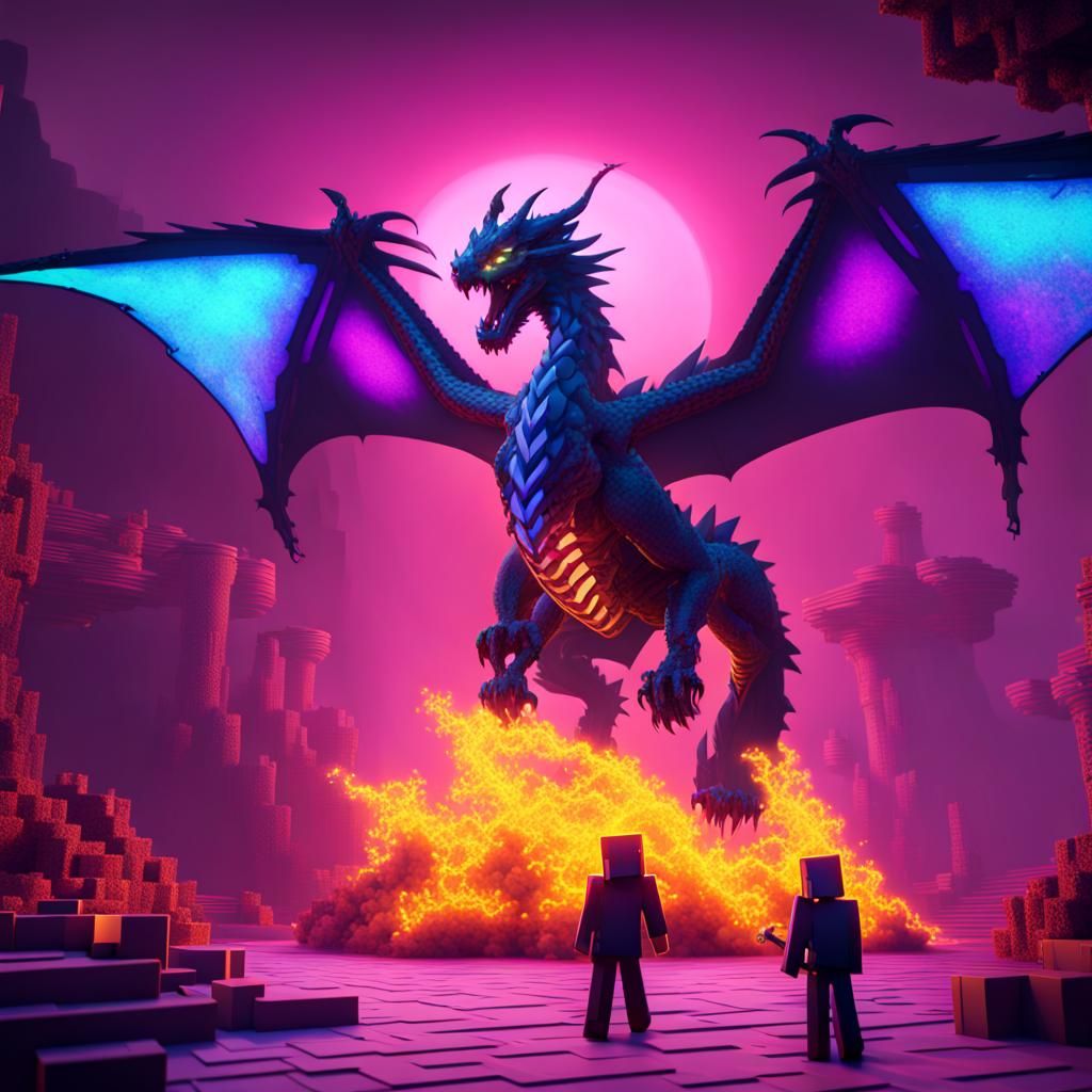 Minecraft Neon Ender Dragon Battle: Detailed Digital Art