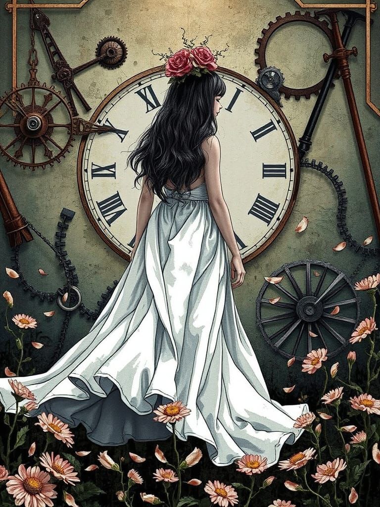 Melancholic Woman with Clockwork, Art Nouveau Style
