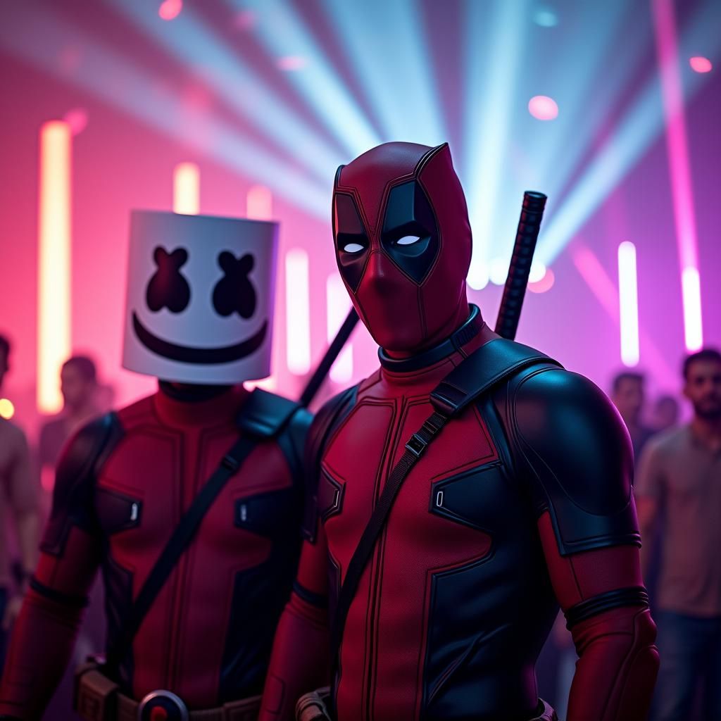 Deadpool and Marshmello meet at EDM party