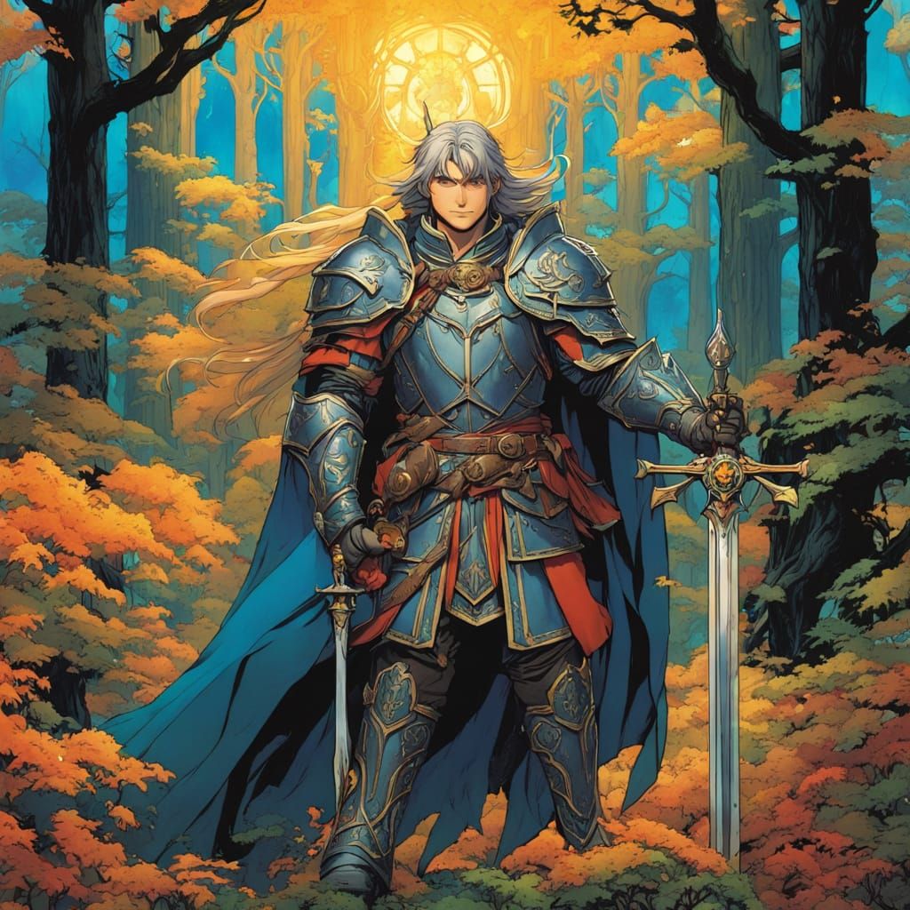 Medieval Paladin Guardian in a Vibrant Dark Forest