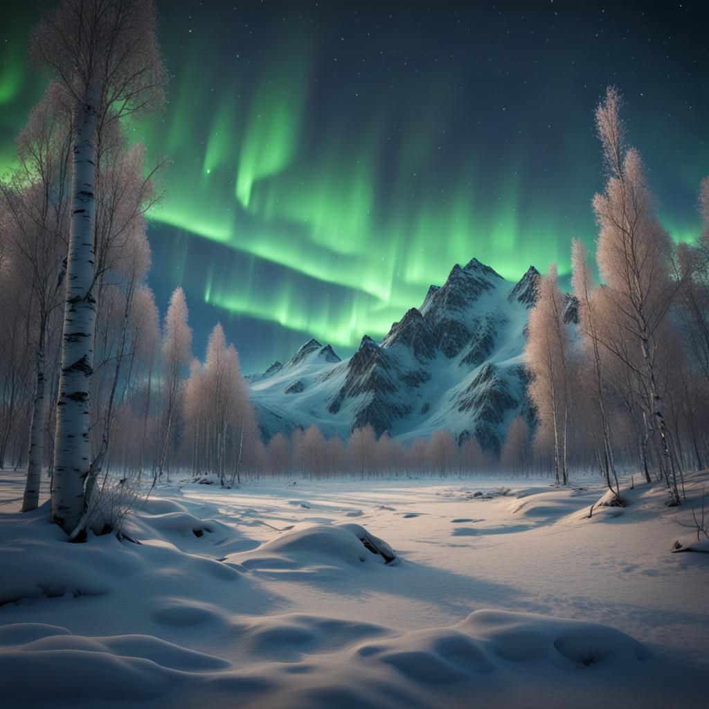 Majestic Northern Lights Over Snowy Mountains