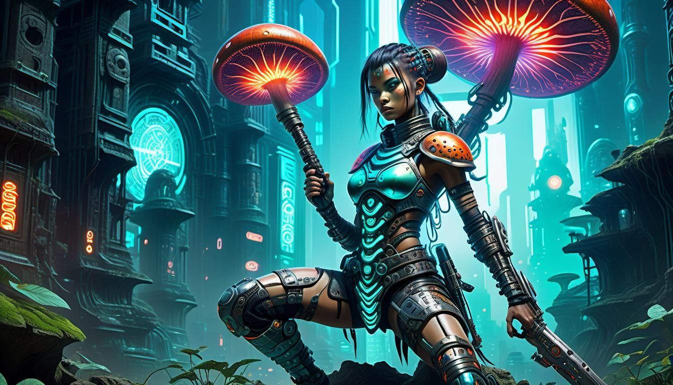 Biopunk Warrior in Ruined City: Conceptual Art