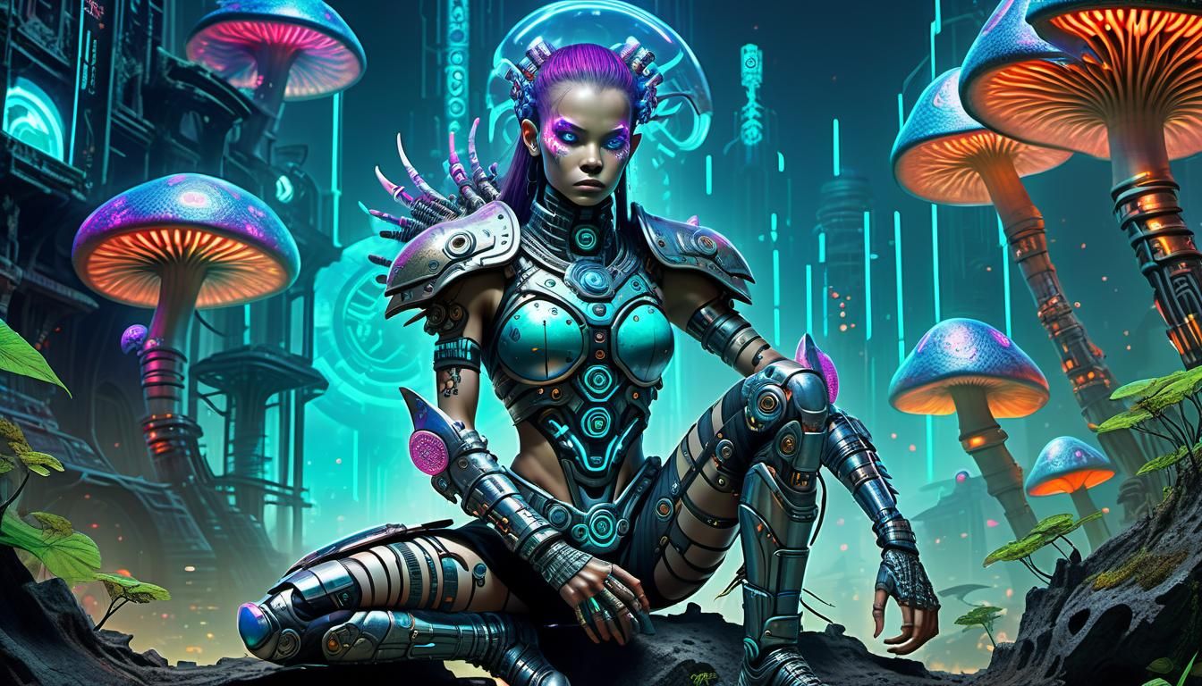 Biopunk Warrior in Ruined City: Hyperrealistic Art