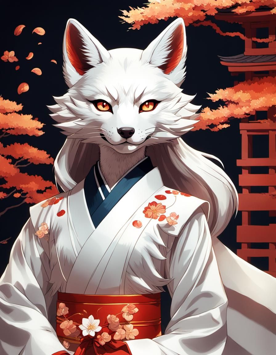 Kitsune in Wedding Kimono, Anime Art Deco Style