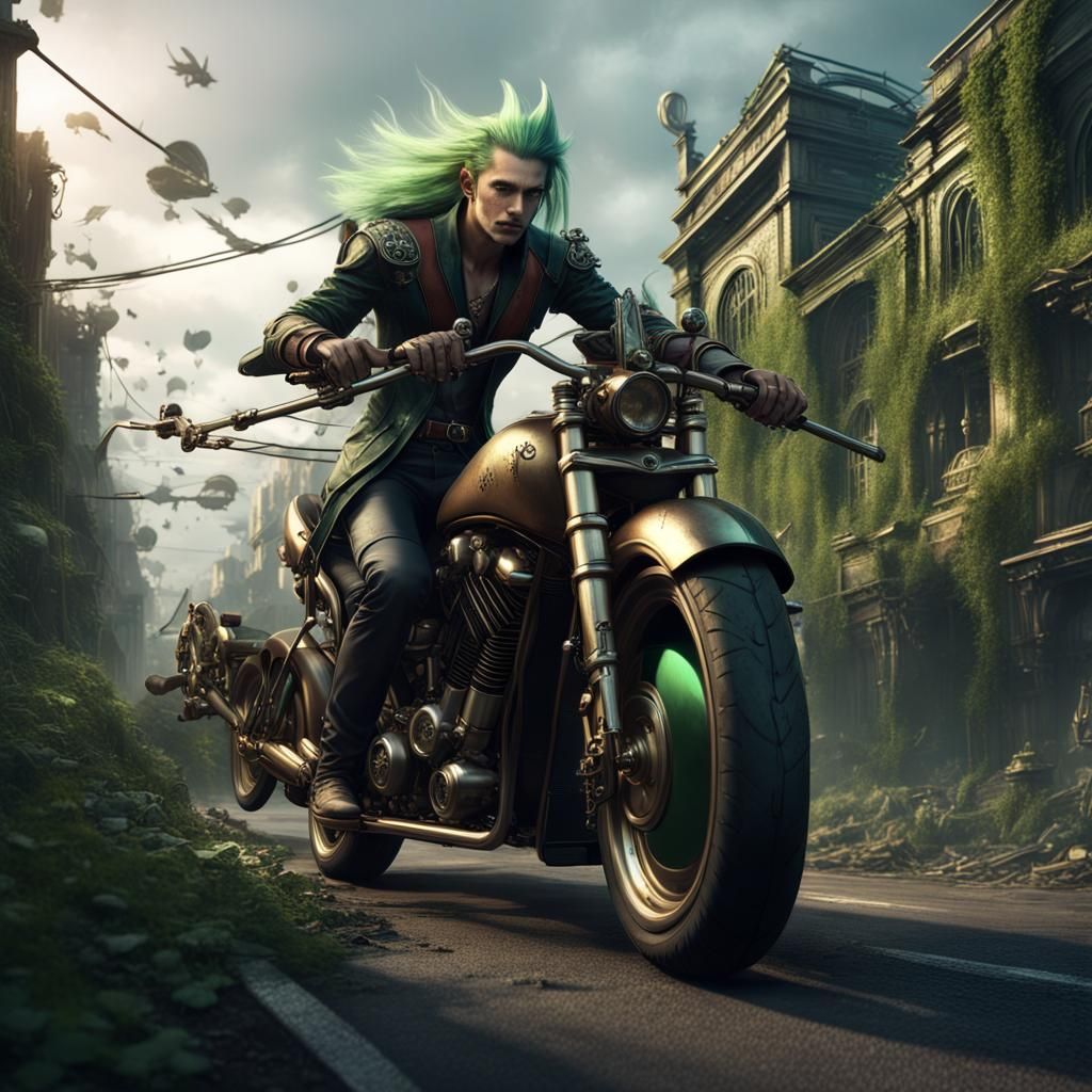 Dark Elf Rides Steampunk Motorcycle in Ruined City