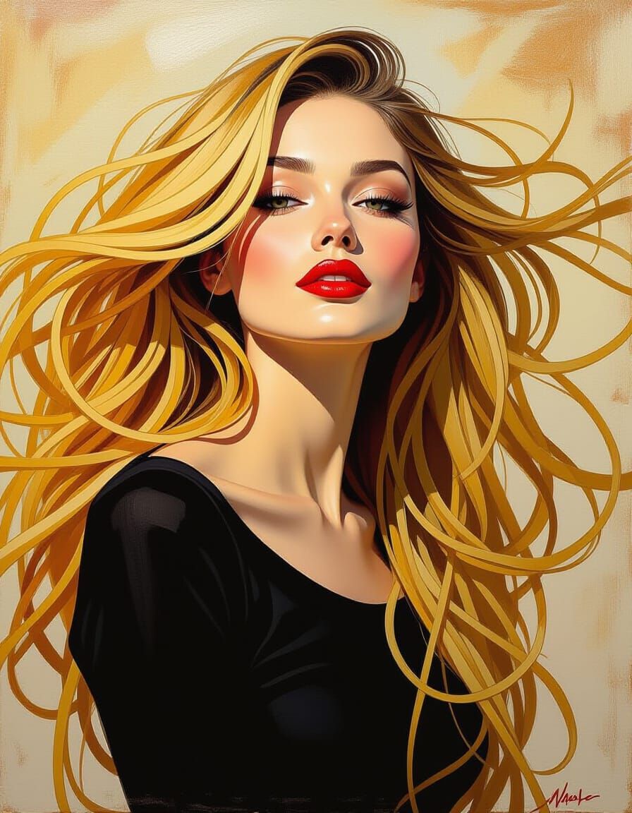 Surreal Oil Painting of Woman With Spaghetti Hair