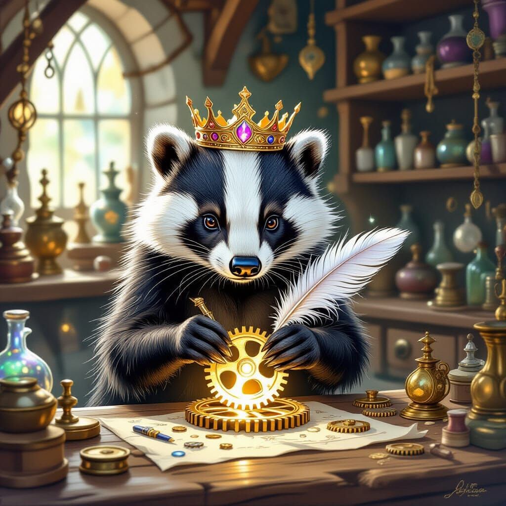 Badger King Polishes Glowing Gears in Magical Workshop