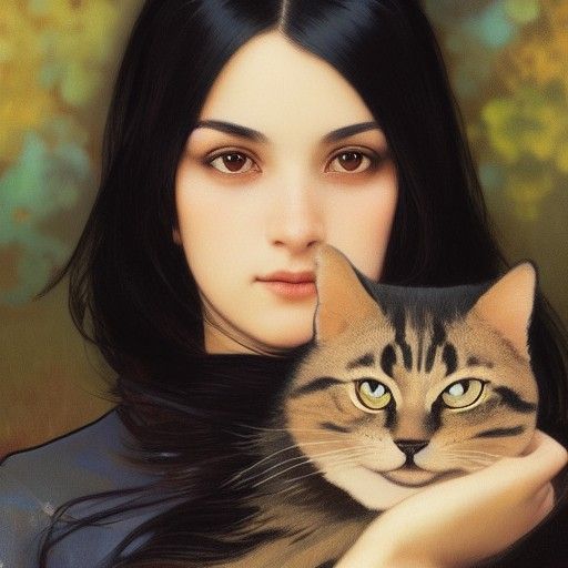 Emo Girl and Cat: Art Nouveau-Inspired Portrait