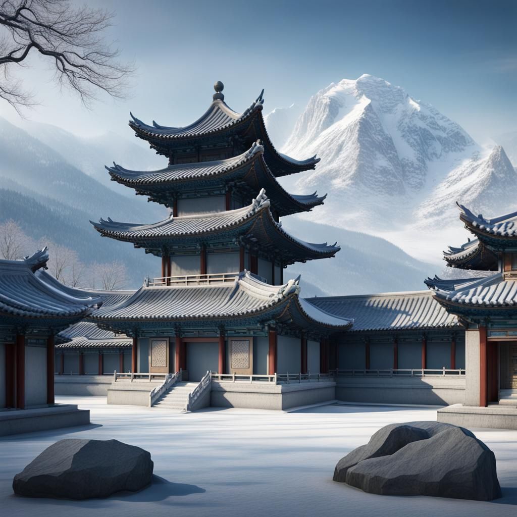Zen Temple in Winter Landscape