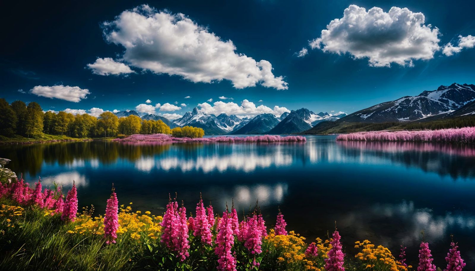 Spring Flowers Reflecting on Pristine Lake: Oil Painting