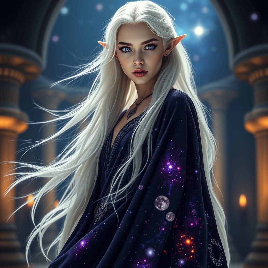 Ethereal Elven Goddess Shines in Starry Night Sky Gown