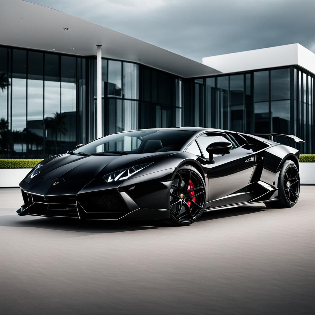 Black Lamborghini at Modern White Mansion
