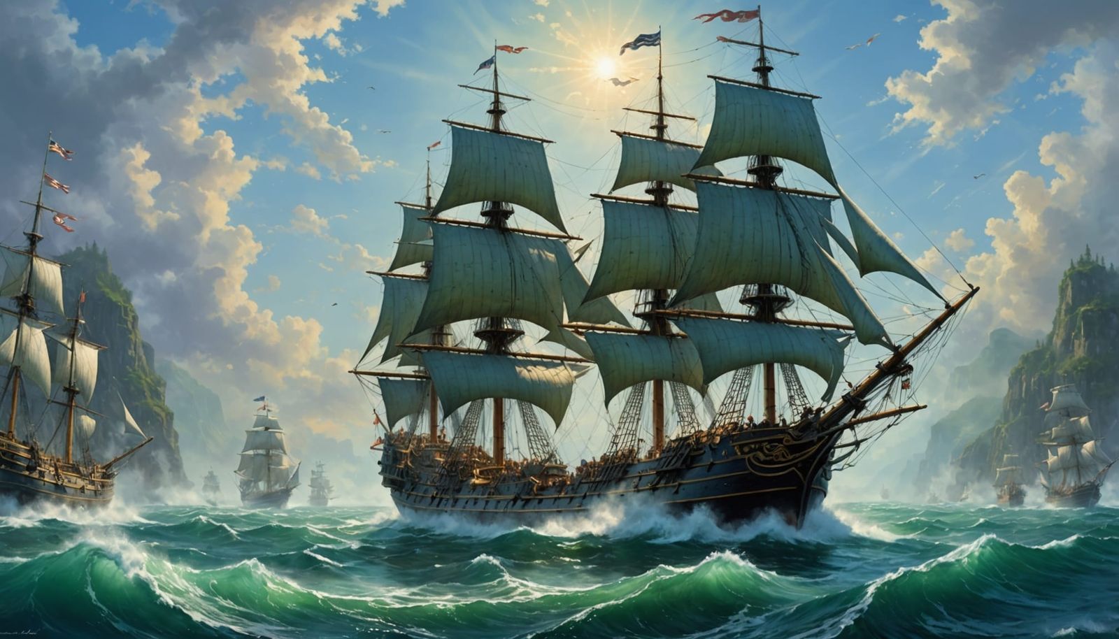 Detailed Warship Sailing on Seas in Digital Art Style