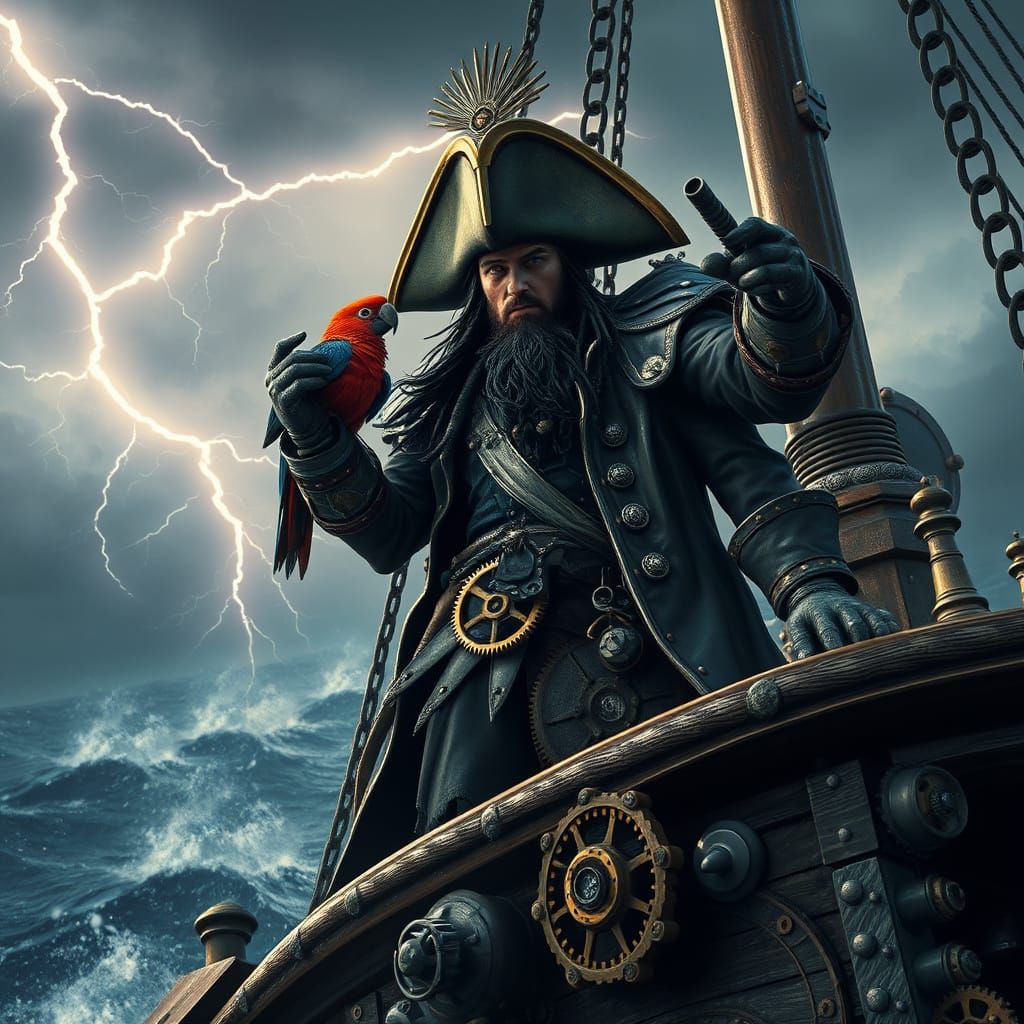Steampunk Pirate Captain in Raging Storm, Cinematic Still