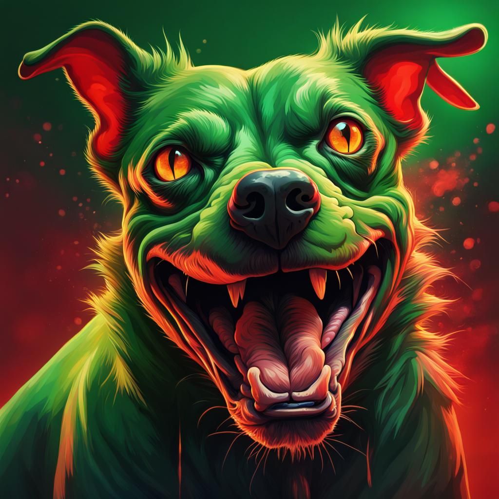 Fierce Green Dog Barking with Red Eyes