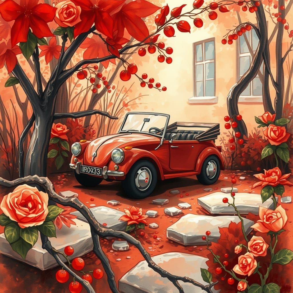 Red Bobby Car in Redon-Style Watercolor Forest