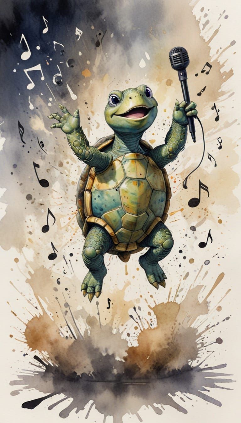 Singing Anthropomorphic Turtle with Microphone in Ink Splatt...