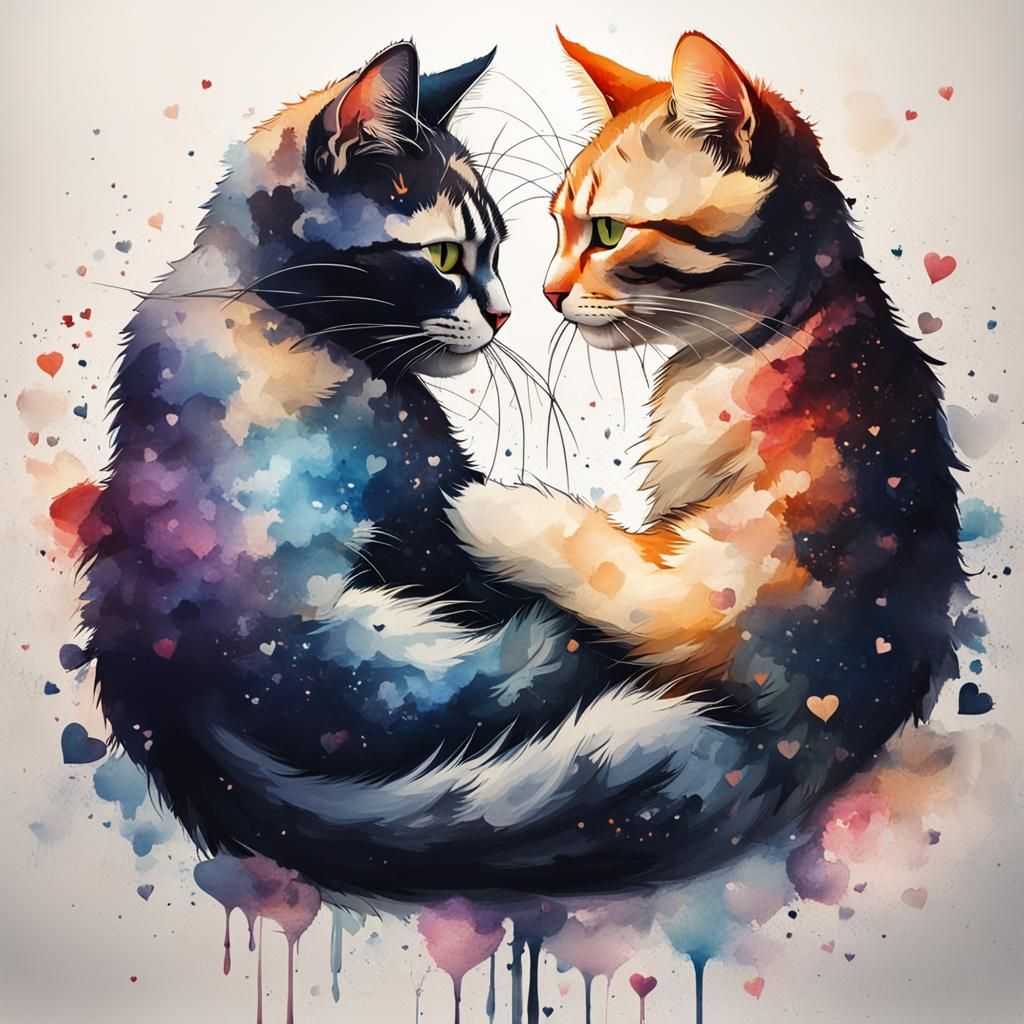 Loving Cats Create Heart Shape in Paint and Ink
