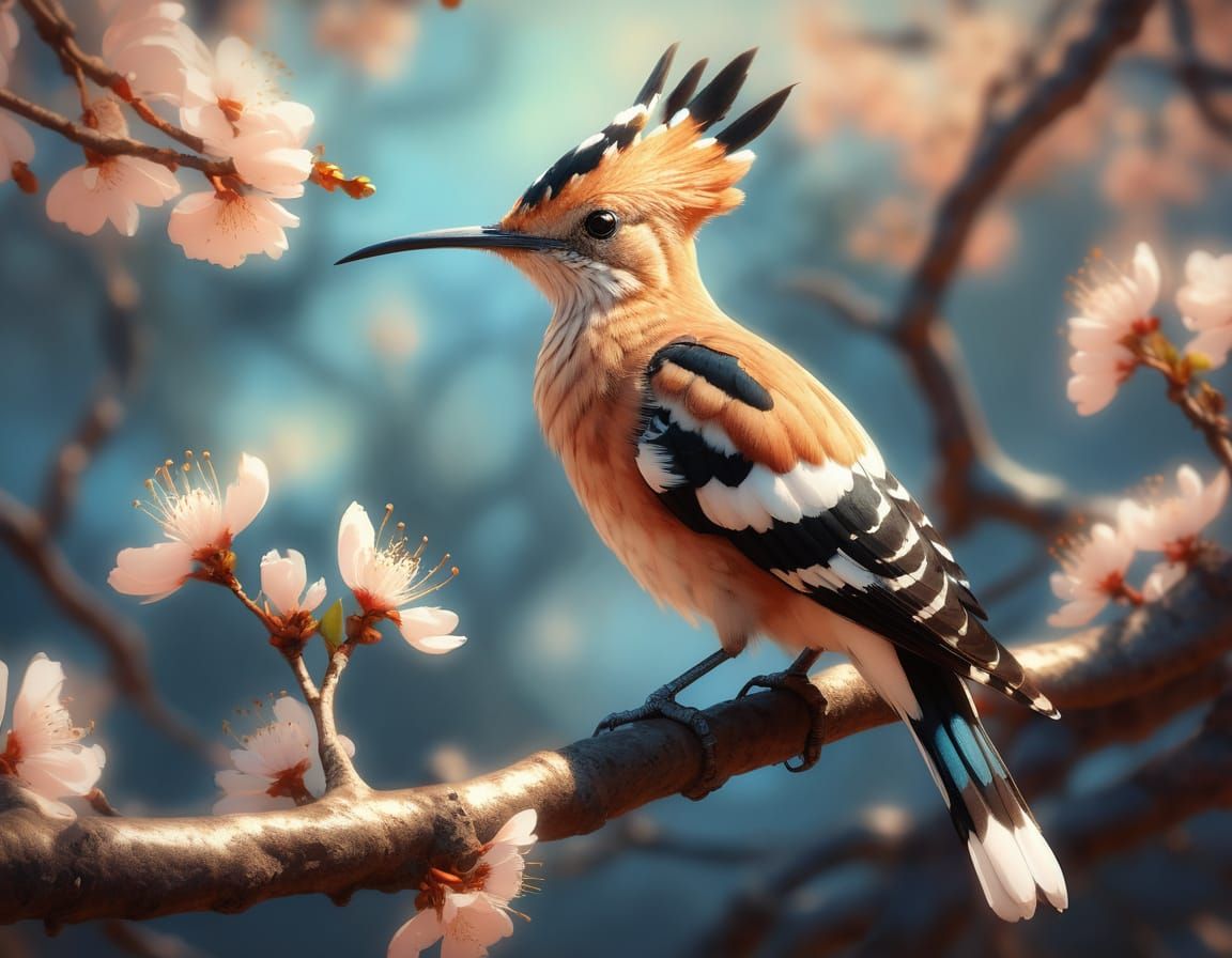 Hyper-Realistic Hoopoe on Cherry Blossom Branch