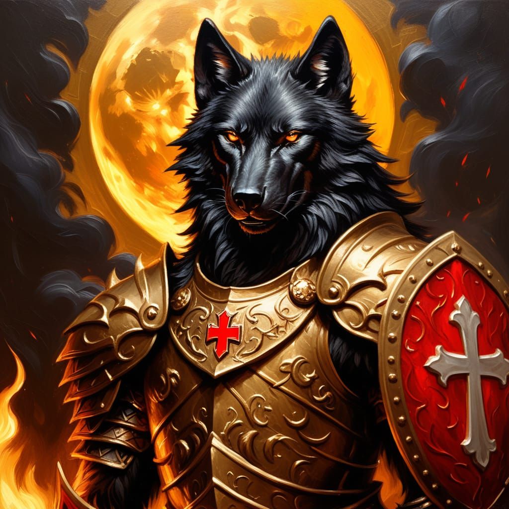 Armored Black Wolf with Fiery Sword, Fantasy Art