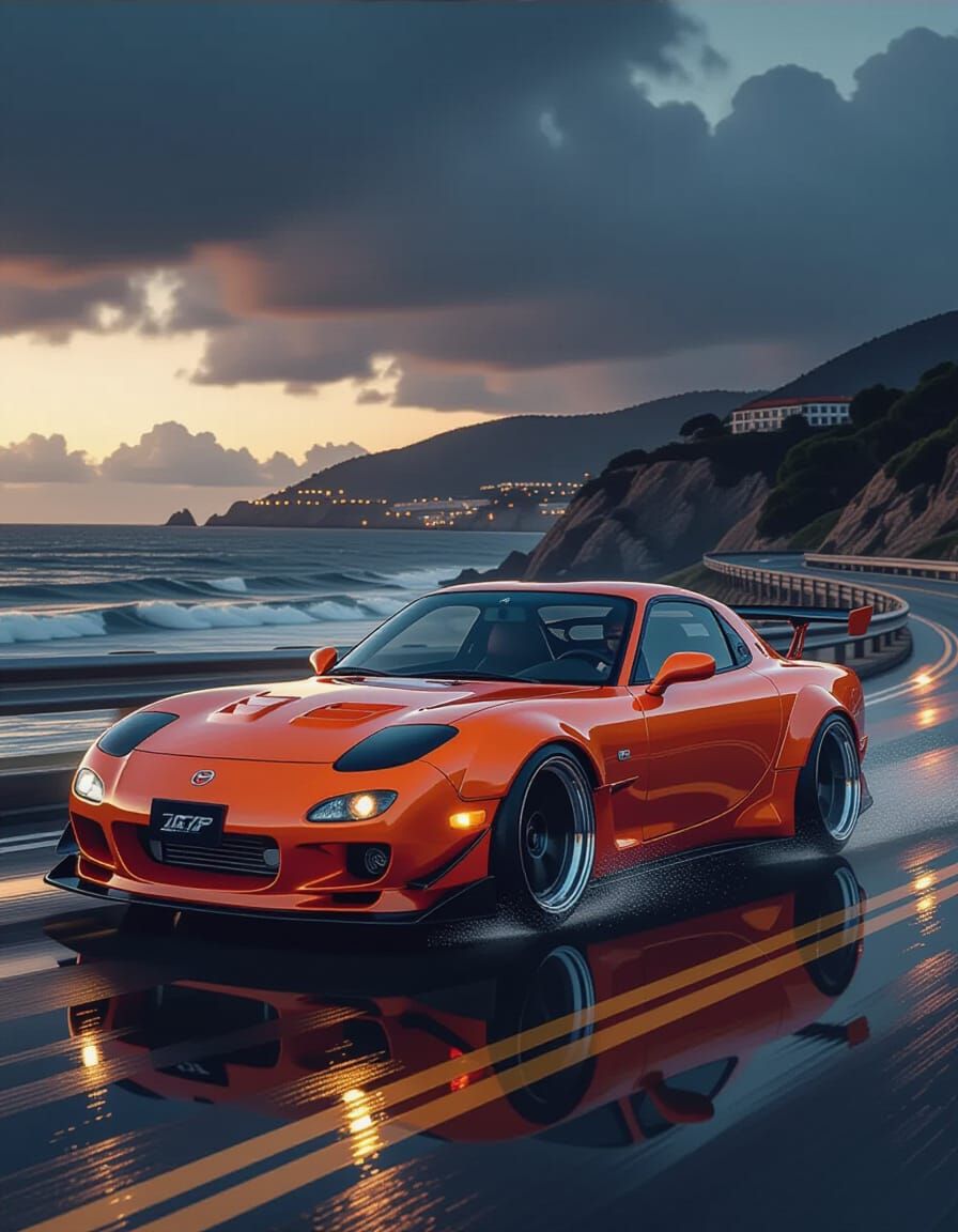 Orange Mazda RX7 Speeds on Wet Coastal Road