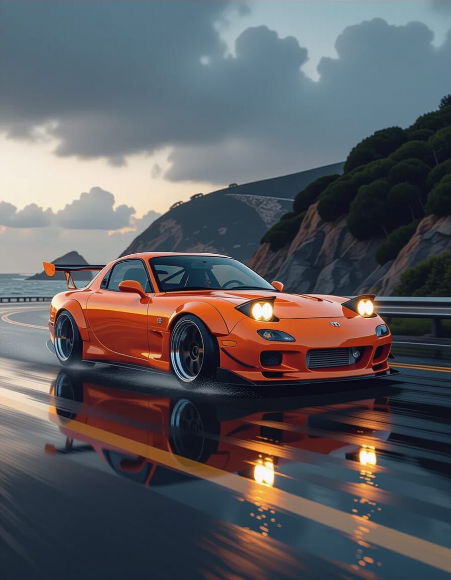 Aggressive Orange Mazda RX7 on Coastal Road
