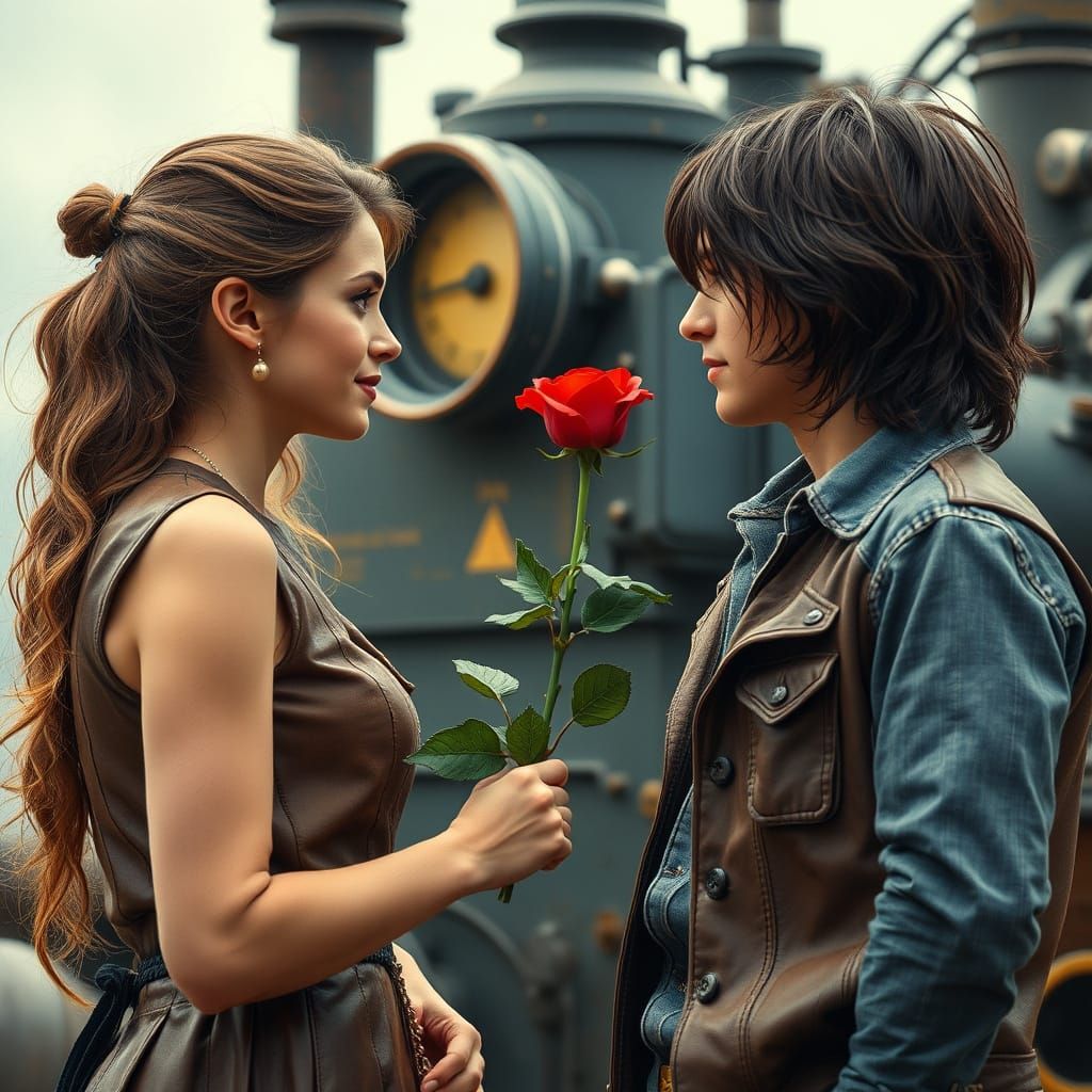Steampunk Lovers Exchange a Rose