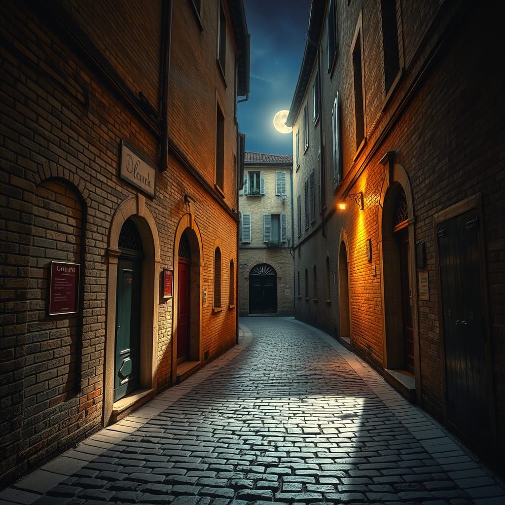 Moonlit Labyrinthine Alley in Old French Town