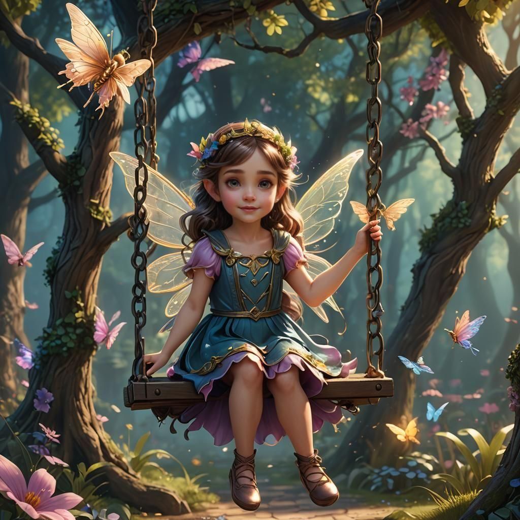 Cute Fairy Princess on a Swing: Fantasy Concept Art