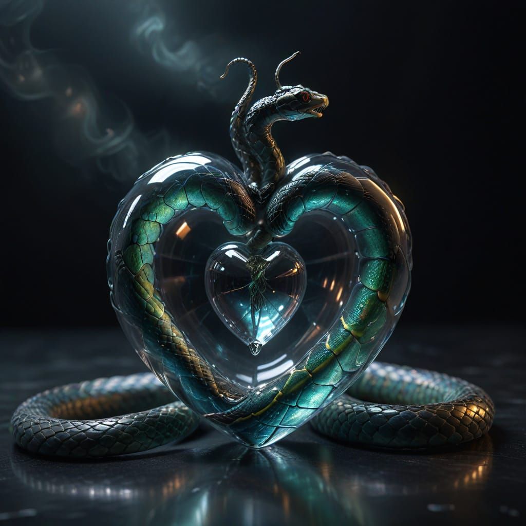 Surreal Glass Heart With Coiled Snake