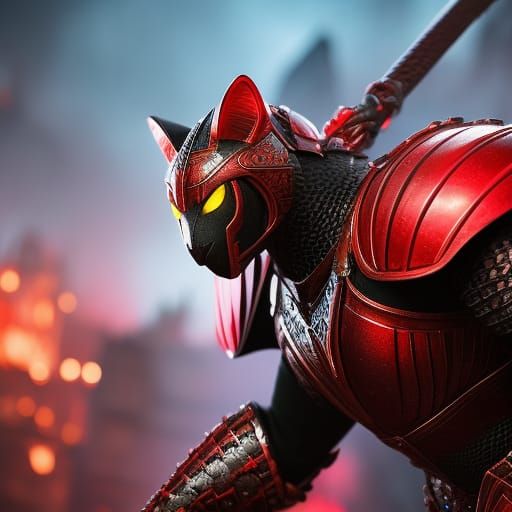 Armored Warrior Cat Attack: Digital Art