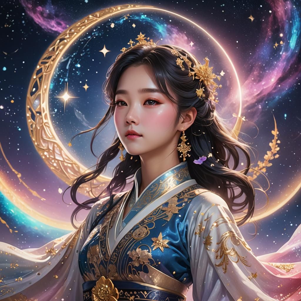 Kpop Idol in Galaxy Dress: Cinematic Portrait